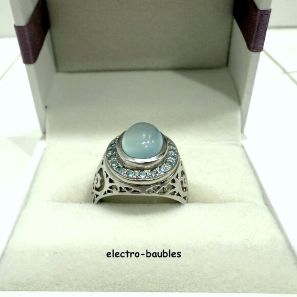 JTV 925 Sterling Silver Filagree Blue Chalcedony & Blue & White Topaz Ring Sz 8 - Picture 2 of 11